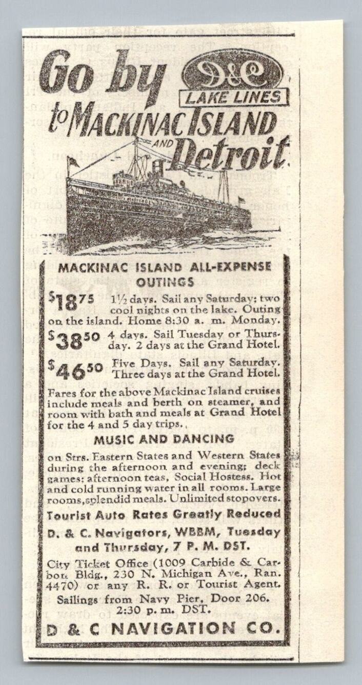 1930s D & C Lake Lines Mackinac Island Detroit Steamer Cruise Print Ad Wbbm
